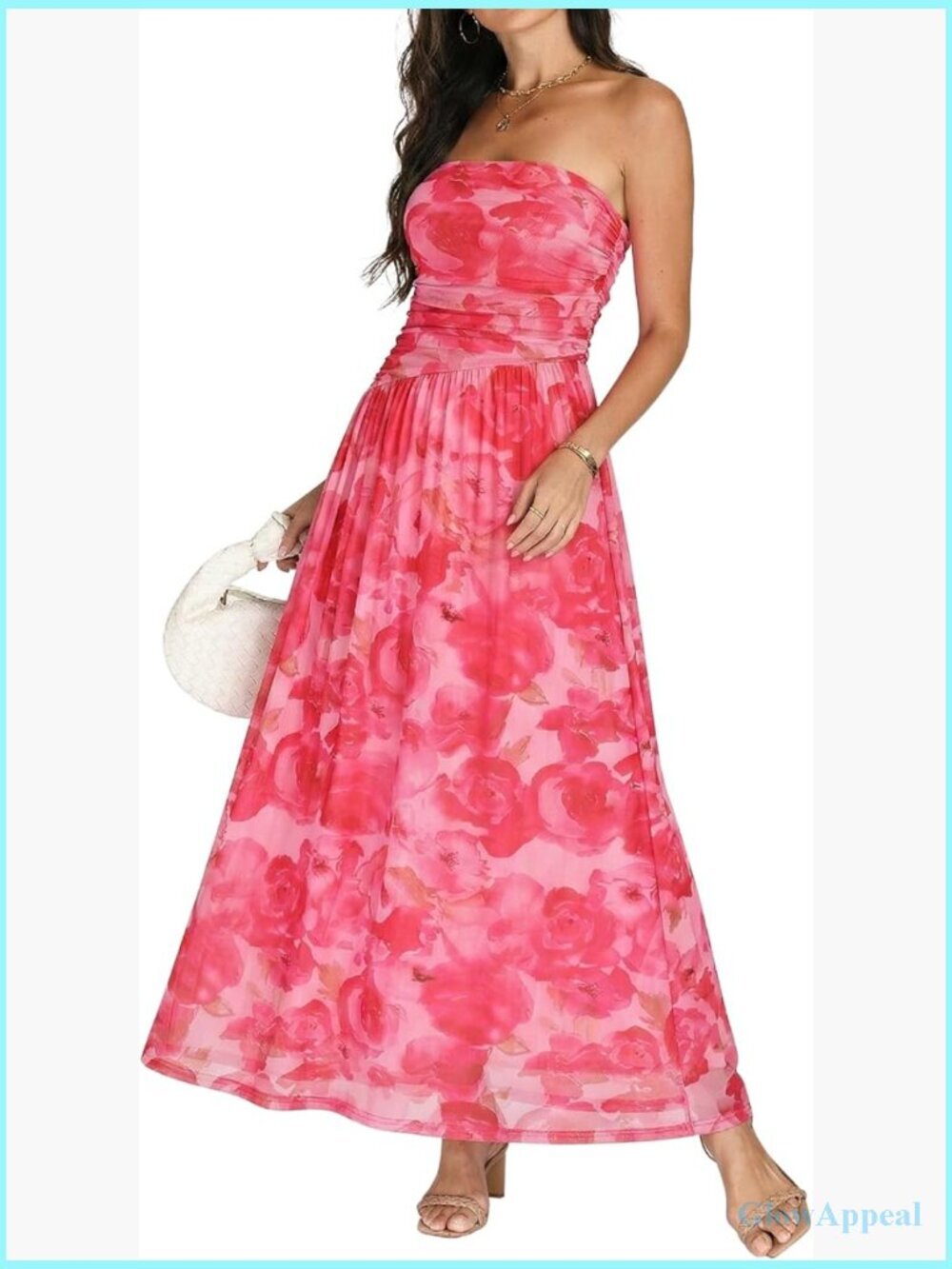 Strapless Floral Maxi Dress Mesh Flowy Wedding Guest Summer Cocktail